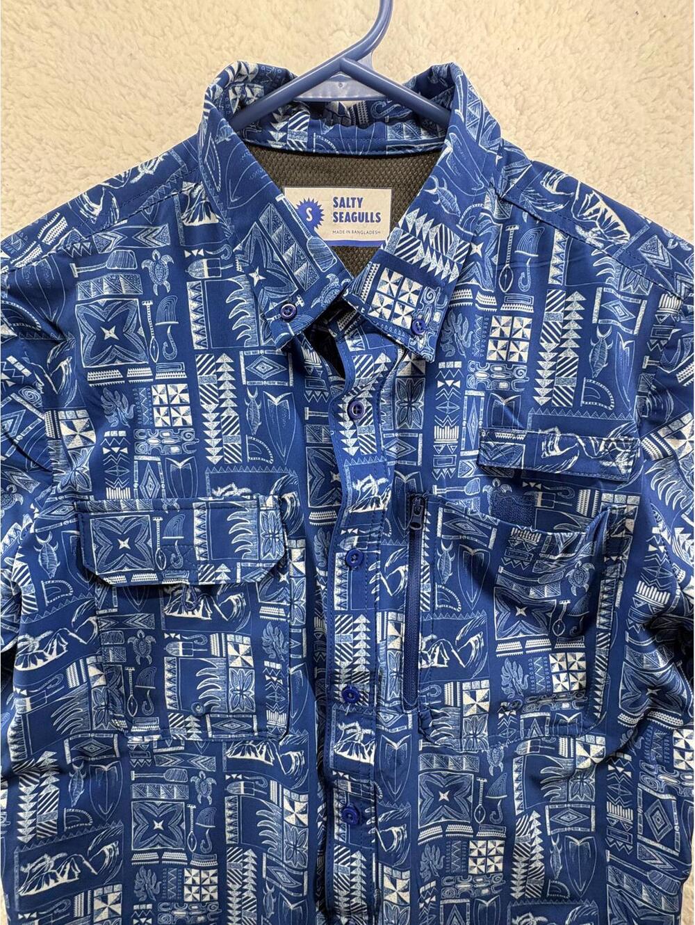 Salty Seagulls Mens Hawaiian Fishing Shirt Vented Short Sleeve Button Aztec Blue